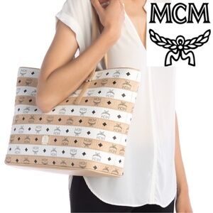 MCM Tan and White Striped Tote Bag